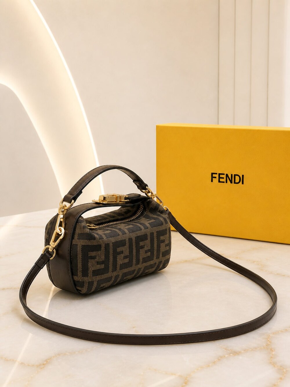 Fendi Mini Roll Carryall in Brown Jacquard with Calfskin Details - Picture 5 of 5